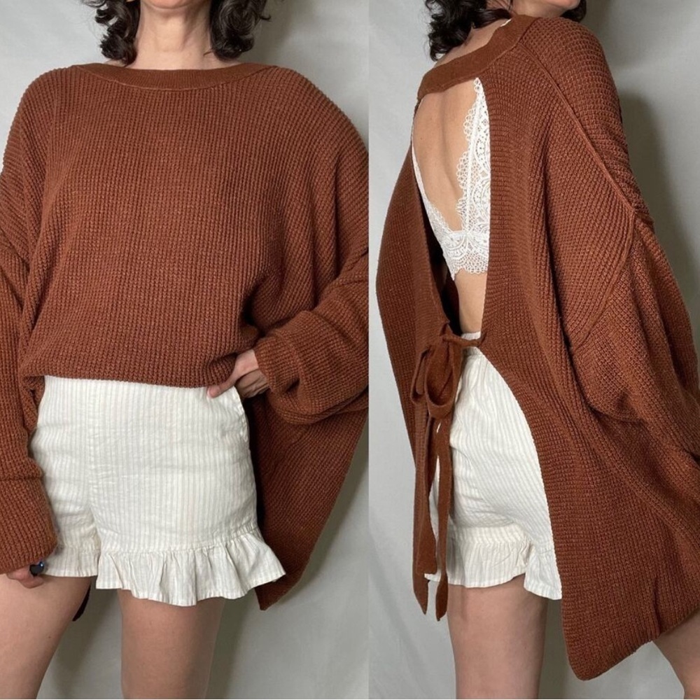 Free People FP Beach Cali open tie back sweater waffle brown knit long sleeve XS - Picture 2 of 9